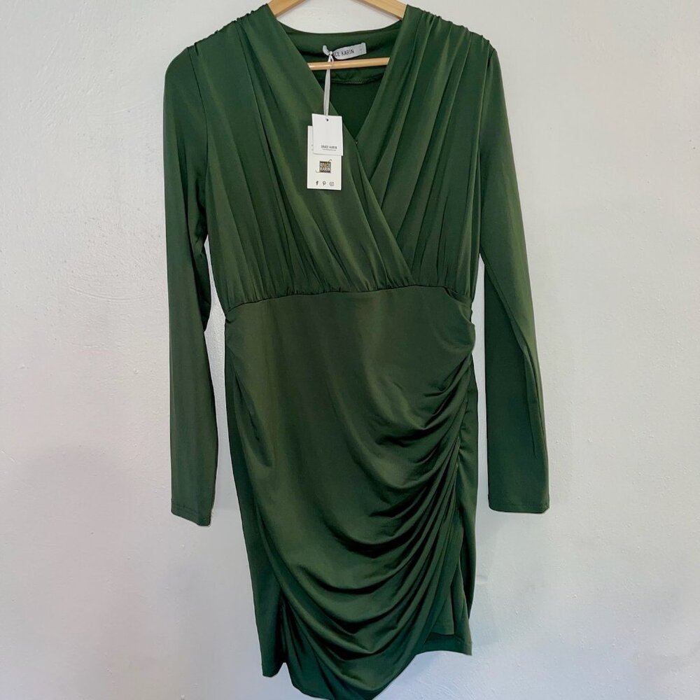 Grace Karin Green V-neck Ruched Long Sleeve Dress - NWT - Large
